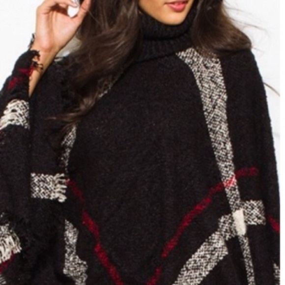 Navy knit turtleneck nubby weave plaid poncho NEW - Picture 3 of 6